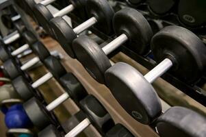 Top view of black dumbbells on rack in sport fitness center background. Steel dumbbell set. Workout training, bodybuilding and fitness gym concept. Sport equipment and tool theme photo