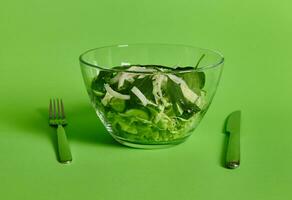 Fork and knife near a plate of green salad on green background with copy space photo