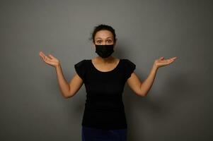 Isolated portrait on gray background of an amazed woman in black protective medical mask raising her hands palms up, holding an imaginary copy space for advertisement. Black Friday concept photo