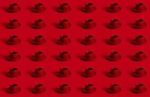 Pattern with a red cup of coffee on a ceramic saucer red background. Concept of Chocolate Day on red background photo