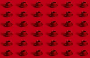 Pattern with a red cup of coffee on a ceramic saucer red background. Concept of Chocolate Day on red background photo