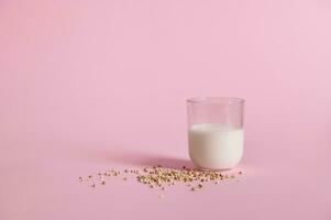 Raw buckwheat seeds and glass with milk on pink background photo