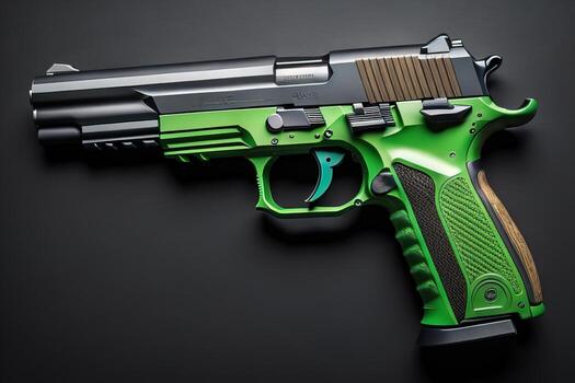 Semi-automatic handgun on a solid color background. Close-up. ai generative photo