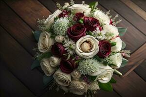 Beautiful bridal bouquet of different flowers on a dark background. ai generative photo