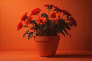 Flowers in a pot on a solid color background. ai generative photo