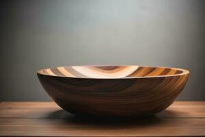 Empty wooden bowl on wooden background. Top view. Copy space. ai generative photo