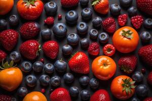 Fruits and berries on a black background. View from above. photo