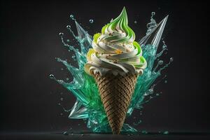 Ice cream in waffle cone on blue background, top view, flat lay. ai generative photo