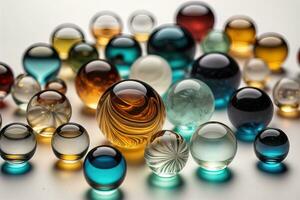 Colorful glass marbles on a the table. Selective focus. ai generative photo