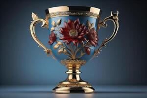 golden trophy with floral ornament on blue background. generative ai photo