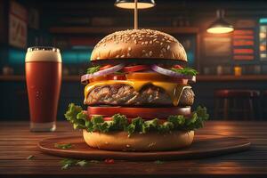 Big tasty hamburger on wooden table. ai generative photo