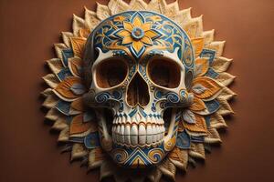 Mexican sugar skull on a brown background. Day of the Dead. generative ai photo