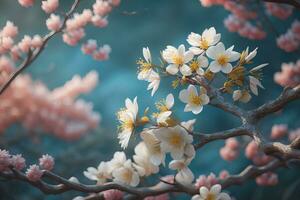 cherry blossom sakura flower on blue sky background, ai generative photo