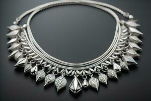 Silver necklace on a solid color background in close-up. ai generative photo