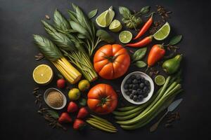 Healthy food background. Vegetables, fruits and spices on a black background. generative ai photo