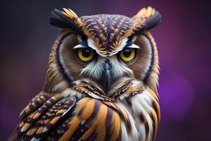 Beautiful owl with big eyes on a purple background. photo