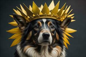 Portrait of a cute dog in a golden crown on a solid color background. ai generative photo