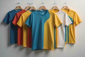 Colorful t-shirts in front of dark background. ai generative photo