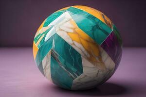 Colorful marble ball on a solid colour background. Close-up. ai generative photo