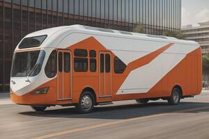 an orange bus on the road in the city. photo