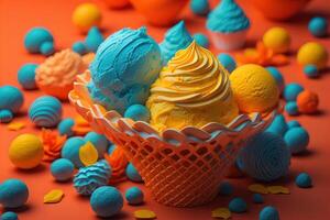 Ice cream in a waffle basket on a orange background. Blue and yellow ice cream. photo