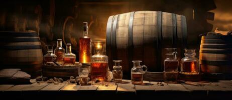 Whiskey glasses, bottles and barrels photo