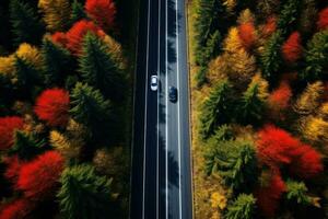 A car driving down a highway through tall trees photo