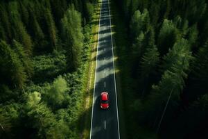 un coche conducción abajo un autopista mediante alto arboles foto