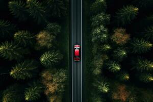 A car driving down a highway through tall trees photo