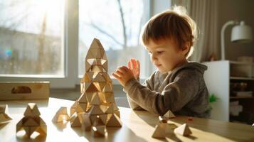 Child plays with blocks photo