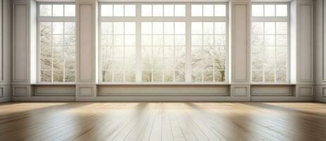 Empty room with bog window and wooden floor photo