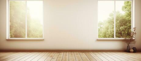 Empty room with bog window and wooden floor photo