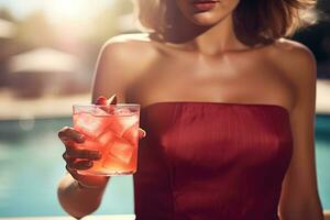 Woman with cocktail near the pool photo