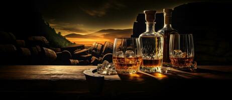 Whiskey glasses, bottles and barrels photo