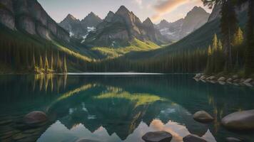 montañas reflejado en el agua de morena lago, generativo ai foto