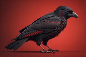 Black crow isolated on a red background. generative ai photo