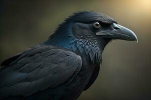 Close up portrait of a black raven, Corvus corax. ai generative photo