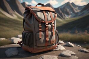 Backpack on the stone in the mountains. photo