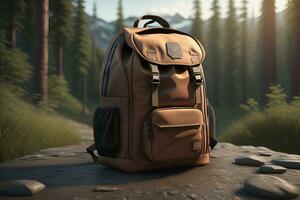 Backpack on the trail in the coniferous forest. generative ai photo