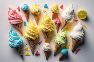 Colorful ice cream cones on white background. Top view, flat lay. generative ai photo