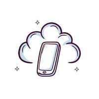 Hand Drawn Cloud Icon With Smartphone. Doodle Sketch Vector Illustration