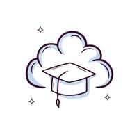 Hand Drawn Cloud icon With Graduation Cap. Doodle Sketch Vector Illustration