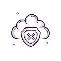 Hand Drawn Cloud Icon With Shield With Cross Check. Doodle Sketch Vector Illustration