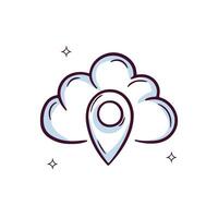 Hand Drawn Cloud Icon With Location Mark. Doodle Sketch Vector Illustration