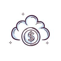 Hand Drawn Cloud Icon With Money Coin. Doodle Sketch Vector Illustration