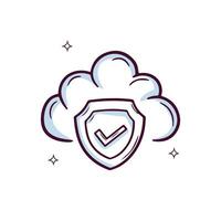 Hand Drawn Cloud icon With Shield And Check Mark. Doodle Sketch Vector Illustration