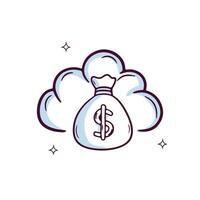 Hand Drawn Cloud Icon With Money Bag. Doodle Sketch Vector Illustration