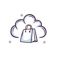 Hand Drawn Cloud Icon With Shopping Bag. Doodle Sketch Vector Illustration