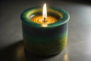 Creative burning candle on a wooden background. ai generative photo