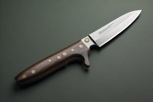 hunting knife with wooden handle on a dark background. generative ai photo